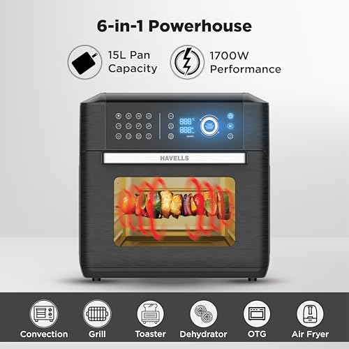Havells Avanza Multi Function Air Fryer Oven 15L|1700W|Digital Touch Control|14 Pre-Sets|Aerocrisp Technology|Includes Skewer Set,Rotisserie Fork,Mesh,Baking Tray|2Yr Door Step Warranty by Havells