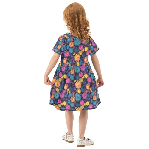 senya Summer Girl Dresses Colorful Alarm Clock Toddler Short Sleeve A-line Dress Casual Sundress3