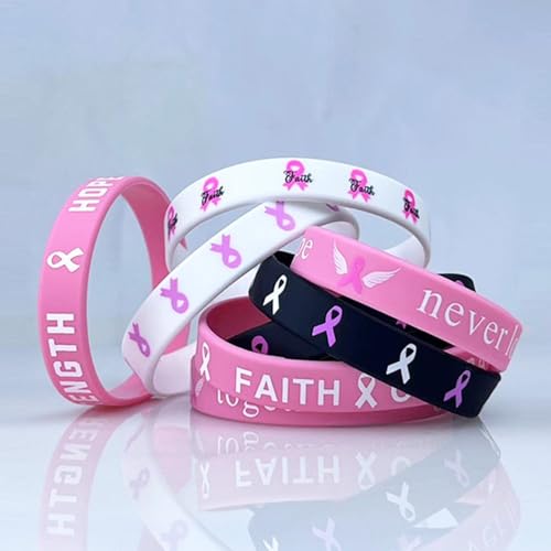 Breast Cancer Awareness Silicone Bracelets - Pink Ribbon Inspirational Wristbands with Hope/Faith Quotes - Support Charity, Gifts & Daily Wear4
