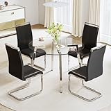 5-Piece Dining Table Set for 4, Round Glass Dining Table Set for 4, Tempered Glass Table Top&4 Chairs with Faux Leather Padded Seat High Back and Sturdy Chrome Legs.