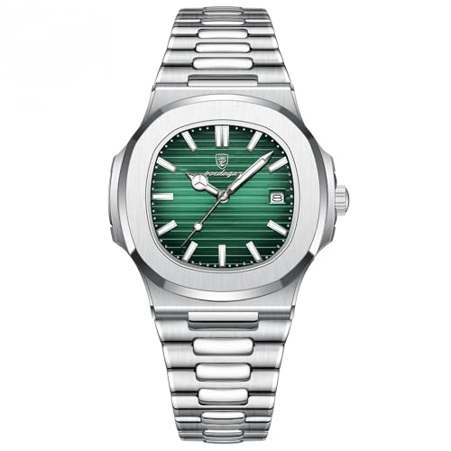 Poedagar Orologio da polso da uomo alla moda, cinturino in acciaio inox, al quarzo, impermeabile, luminoso, con data, quadrato, da uomo,...