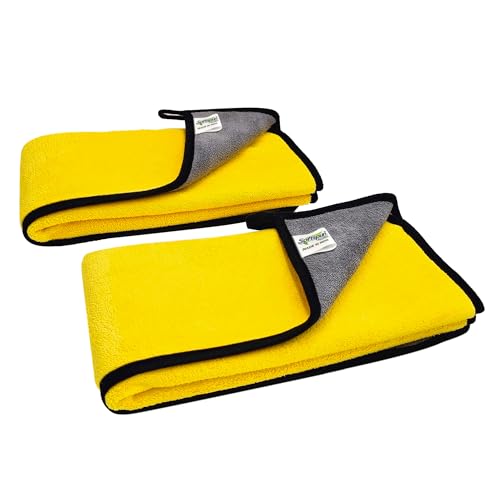Image of SOFTSPUN Microfiber Cloth for Car Coral 800GSM 40X60cms 2 Pcs Yellow+Grey! Extra Thick Microfiber Cleaning Cloths Perfect for Bike, Auto, Cars Both Interior and Exterior.
