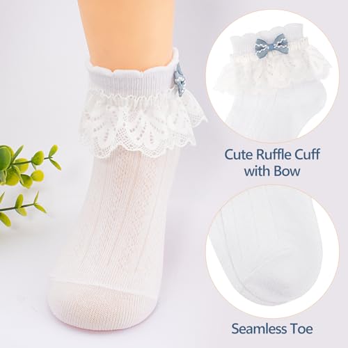 Meeshine 5 Pack Baby Girls Ruffle Lace Socks Toddler Frilly Cotton Cute Bow Knot Ankle Socks for Infant 0-3T4