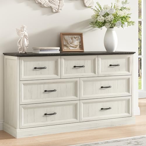 Farmhouse 7 Drawer Dresser for Bedroom, 55 Inch Wide Modern White Dresser TV Stand with Large Drawers & Bar Handles, Rustic Wood Chest of Drawers for Bedroom, Living Room, Hallway, Entryway.