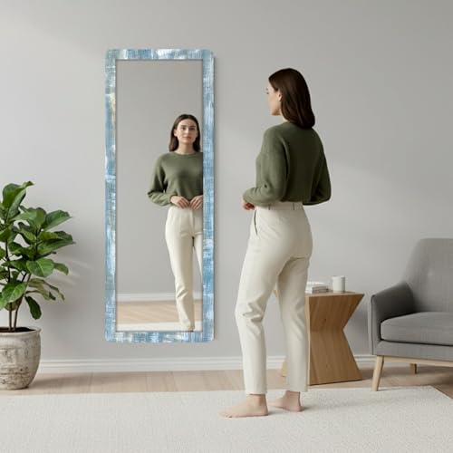 Image of Creative Arts n Frames 15x51 inch Ocena Blue Color Long MDF Wood Wall Hanging Mount HD Mirror Home Decor Items Living Room Bathroom Bedroom Hotel Office (Rustic Blue Color Framed HD Mirror)