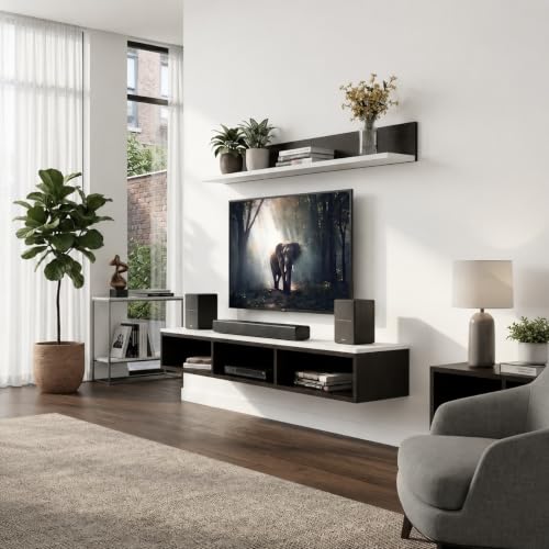 Image of Bros Moon Wall Mounted TV Cabinet, Choco White, MDF, Modern Style, Laminated Finish, for Living Room, Suits TV up to 55 Inches (Choco White, Parallel Roof Top 48 Inches)
