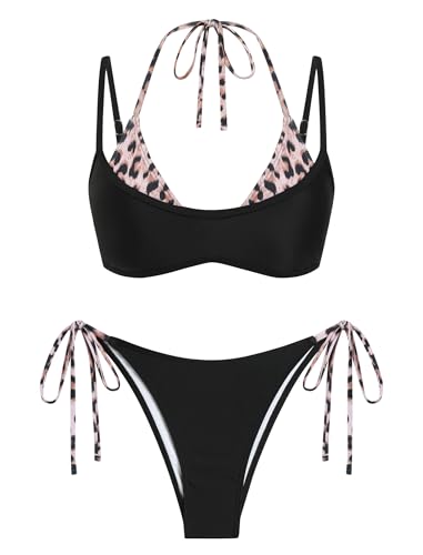 Image of ZAFUL Women's Polka Dot Bikini Set Double Layer Halter Swimsuit Colorblock Side Tie 2 Piece Bathing Suit