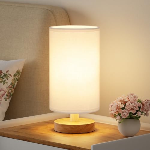 Image of Fenmzee Small Table Lamp for Bedroom - Inline Control, Bedside Lamp with 3000K A15 LED Blub, Easy Assembly (White Shade - Wood Base, 9 inch Inline Control)