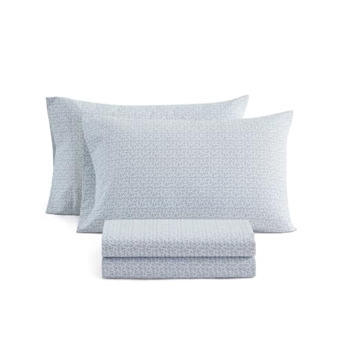 Image of Martha Stewart - King Sheet Set with Fitted Sheet & Pillowcases, Cotton Percale Bedding with a Smooth Feel, Deep Pocket, Leaves Blue