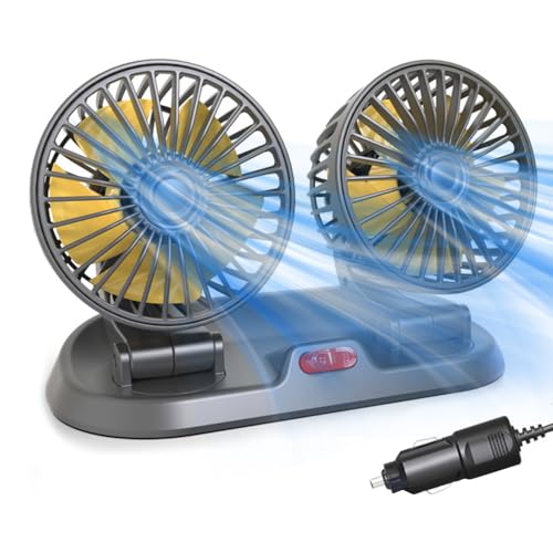 Lotvic Ventilador de Coche, Ventilador Coche Aire Frio, 12V Rotación de 360°, Conector de Encendedor de Cigarrillos Ajustable de Doble Cabezal, para SUV Barco Camión Furgoneta