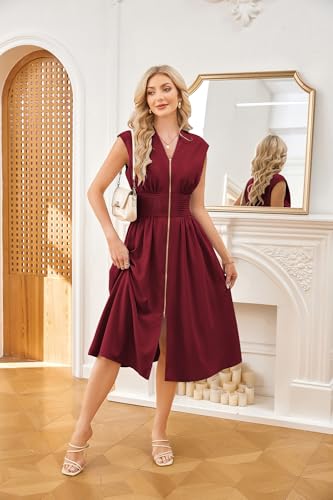Image of GRACE KARIN Womens Summer Casual Dress, Business Office Work Dresses, Cap Sleeve Zipper Front Flowy Midi Dress with Pockets