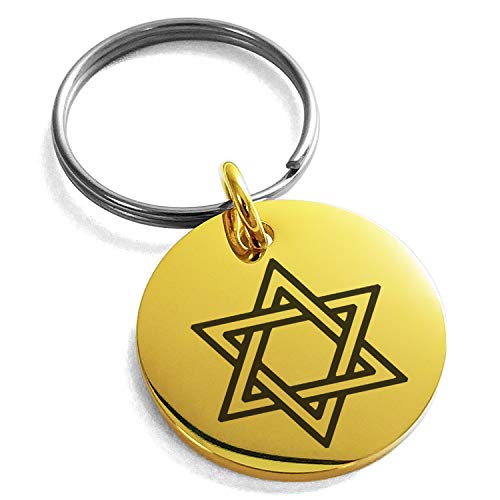 Stainless Steel Interlocking Hexagram Star of David Symbol Small Medallion Circle Charm Keychain Keyring