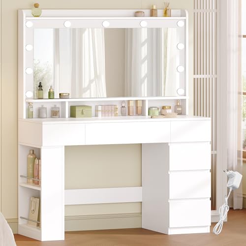 HEXCELEN 108 cm Tocador con Espejo Grande, Tocador de Maquillaje con Luz LED, Mesa de Maquillaje con 6 Cajones y Compartimento de Almacenamiento Lateral Abierto, Blanco