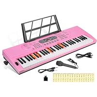 Hricane 61 Keys Piano Keyboard with Microphone Piano Note Sticker Power Supply Music Stand Electronic Digital Keyboard Gift for Beginners Boys Girls Lovers Girlfriend Friends (Glowing style-Pink)