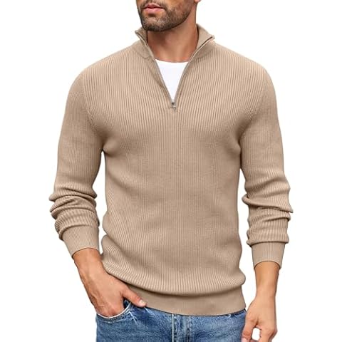 COOFANDY Jumpers for Men Quarter Zip Jumper Polo Neck Jumpers Turtle Neck Tops Knitted Jumper Winter Jumper Thermo Work Jumper Winter Pullover Long Sleeve Khaki 3XL Cover