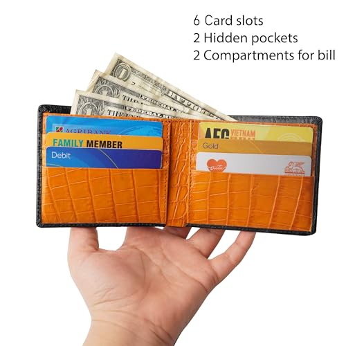 Black-Orange Alligator Bifold Leather Slim Wallet Double Side RFID Blocking Front Pocket Security Crocodile Exotic Leather Luxury Wallet With 8 Card Slot Classic Handmade Gift For Men VILE-143