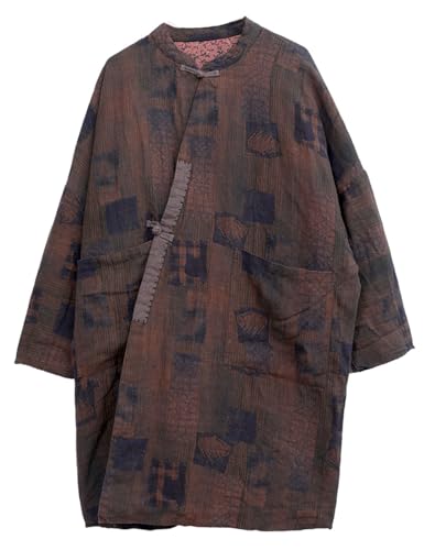 NFYM Women Quilted Jacket Kimono Vintage Linen Printed Long Loose Outwear Coats with Pockets2