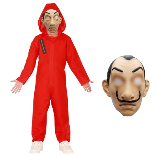 UZNIYTR Disfarce de casa do dinheiro para crianças, fato de ladrão de bancos, com máscara de Dali salvador, disfarce de condenado com capuz vermelho com acessórios para carnaval, Halloween (130-140
