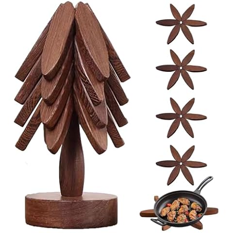 Wooden Trivets for Hot Dishes,Wooden Christmas Tree Coasters,Tree Shape Trivet Set,Trivets for Hot Dishes,Tree Trivet for Hot Pots and Pans 4 Wooden Trivets + 1 Stand,Walnut Cover