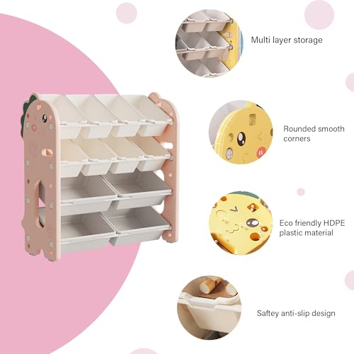 Image of oddpod Dino Baby hardlines Toy Organizer Storage Racks with Bins, Cute Cartoon Montessori Plastic Bookshelf for Children & Bedroom Shelf for Toys, Books, Clothes & Games - Pink (8+4 Bins)