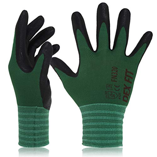 DEX FIT Guantes de Trabajo, Ajuste Cómodo Elástico 3D, Buen Agarre, Recubrimiento de Espuma Duradero de Nitrilo, Táctil, Lavable en la Lavadora, Fino y Ligero, Verde Bosque 6 (XS) 3 Pares