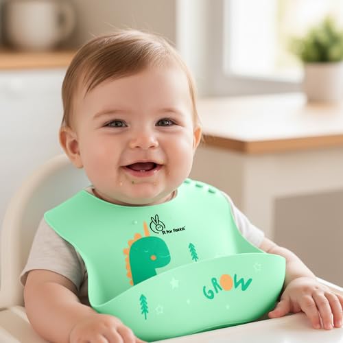 Image of R for Rabbit Safari Silicone Bib for Baby Food Feeding BPA Free, Adjustable Straps Waterproof Built-in Food Pocket Mess Free Ideal for Babies 6 to 36 Months