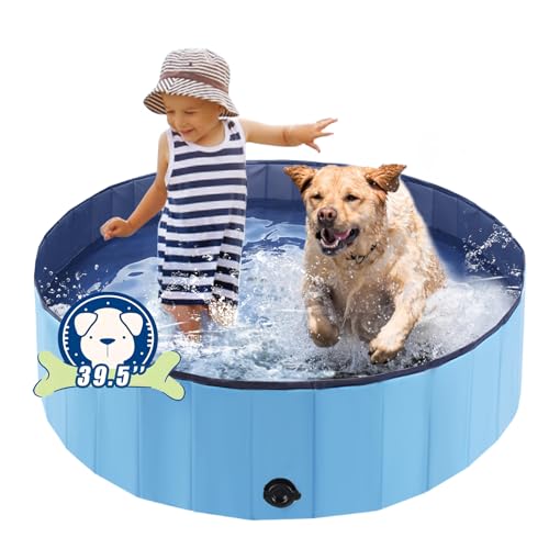Eooqi Foldable Dog Pool, Portable Pet Bath Tub and Kiddie Swimming Pool, Collapsible Bathtub for Puppies, Small, Medium and Large Dogs, Cats and Kids, 39.5 x 12 in, Blue