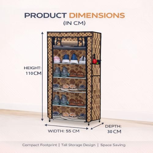 Image of Metal Shoe Stand with Cover, 6 Tier Shoe Organizer for Home & Office - Flower Print