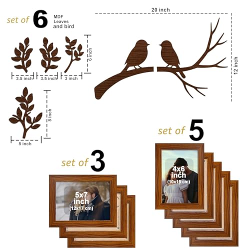 Image of Art Street Photo Frame Set Pack of 8 Piece with Decorative MDF Leaves & Birds Cutouts 4x6 inch & 5x7 inch Brown Photo Frames Wall Decor for Living Room, Family Photos Frame Set 13x18 cm & 10x15 cm