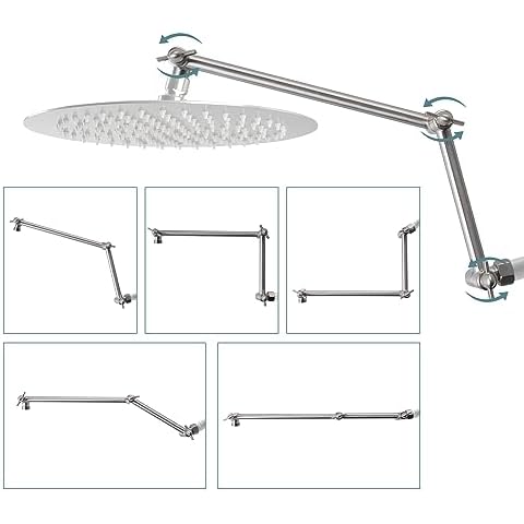 iFealClear Adjustable Shower Head Extension Arm, 16" Brass Shower Head Extender Lower Raise Rain & Fixed Showerhead to Your Height/Angle, G1/2 Shower Arm Extension with Lock Joint, Brushed Nickel Cover