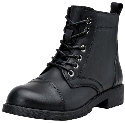 Vepose Women's Leather Ankle Boots, Lace Combat Booties, 910L - Black, Size 8 US - with Inside Zipper (CJY910L Black 08)