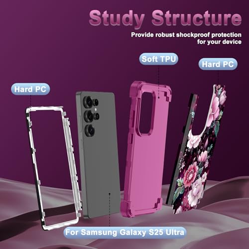Rancase for Galaxy S25 Ultra Case,Three Layer Heavy Duty Shockproof Protection Hard Plastic Bumper +Soft Silicone Rubber Protective Case for Samsung Galaxy S25 Ultra 5G,Glow in The Dark-Plum Red - image 2