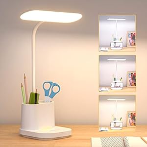 Lampe de Bureau LED, Lampe de Lecture Dimmable 3 Modes, USB Lampe de Bureau pour Enfants, avec Porte-Stylo et Support pour Téléphone Portable Lampe de Table Pliable, Veilleuse Protection des Yeux