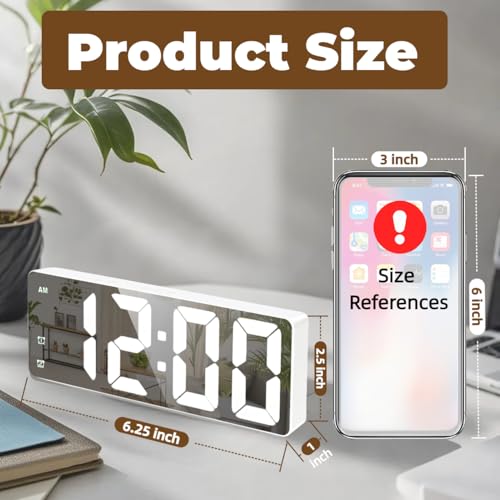 Image of Small Digital Alarm Clock, Mirror Surface LED Electronic Clocks with Large Display, Adjustable Brightness and Snooze Model for Bedroom, Desk, Office, White Digit