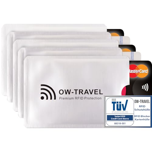 OW-Travel TÜV geprüfte RFID Schutzhülle Kreditkarten Schutz NFC Schutzhüllen, Reisepasshülle Reisezubehör für Kreditkarte Personalausweis EC Bankkarten VisaAusweis: 5 Kartenschutz Silber