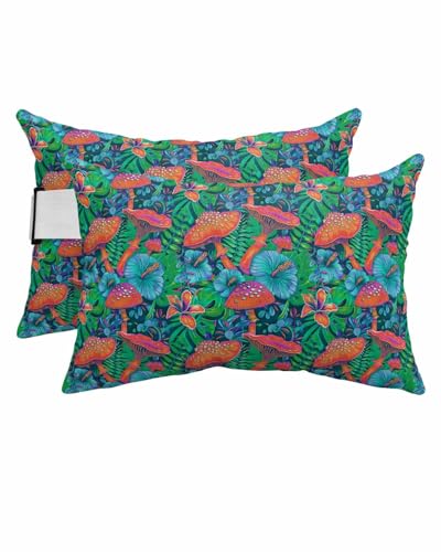 Outdoor Pillows Covers with Inserts Red Mushroom Blue Flowers Green Plants Watercolor Waterproof Pillow with Adjustable Strap Throw Pillows for Patio Furniture Pool Lounge Chair, 12x20 Inch, 2PCS