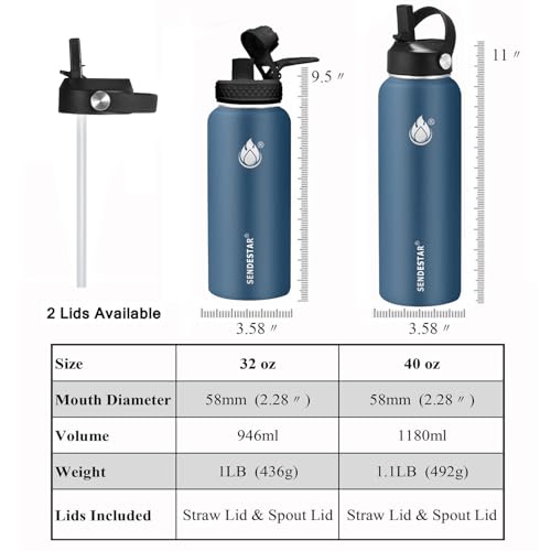 Image of Insulated Water Bottle 32 oz with Straw, Stainless Steel Wide Mouth Water Bottle, Double Wall Vacuum Leak Proof with Straw Lid & Spout Lid for Sports or Office, Keep Cold or Hot Up to 24 Hrs