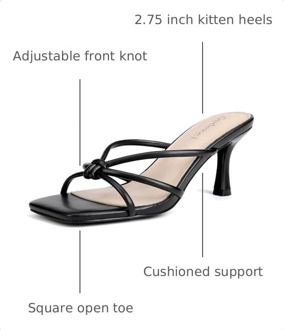 Image of Goderci Kitten Strappy Heels for Women Knotted Square Open Toe Slip On Mule Heels Mid Heeled Sandals