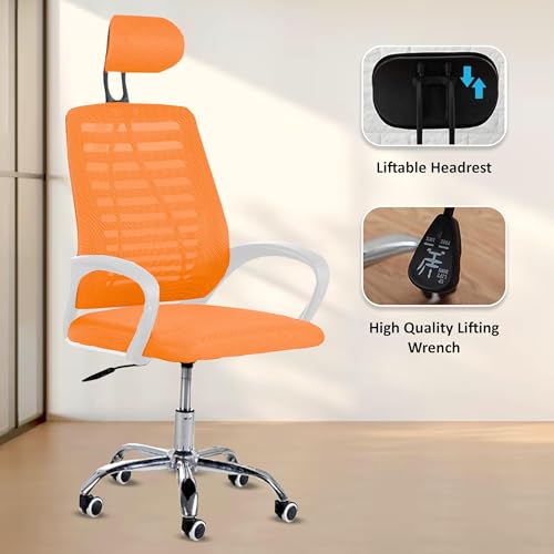 Image of Casa Copenhagen,Mesh Office Desk Chair,Rocking Ergonomic Computer Chair Adjustable High with Headrest and Comfortable Armrest Swivel - Orange & White Handle