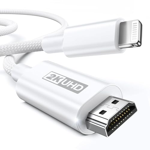 Câble adaptateur Lightning vers HDMI certifié Apple MFi [2 m], nylon tressé 2K @ 60 Hz, convertisseur iPhone vers HDMI pour TV/moniteur/projecteur,...