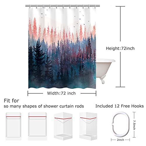 Rosielily Forest Shower Curtain, Mountain Shower Curtain, Pine Trees Pink Nature Shower Curtain, Rustic Foggy Art Shower Curtain, 72W X 72H Inch Shower Curtain Hooks Waterproof Fabric Bathroom Curtain #TOP3