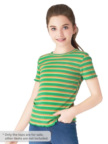 Image of Girls Striped T-Shirt Lettuce Trim Short Sleeve Top Size 6-16 | Soft stretch ribbed knit fabric, breathable blouse,summer outfit for big girls & teen, for school, party and daily activity