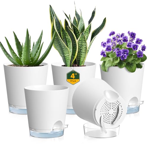 Meowell 4 inch Self Watering Pots for Indoor Plants, 5 Pack Small Flower Plant Pots with Drainage...