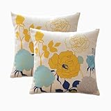 sykting Decorative Pillow Covers Farmhouse Cotton Linen Yellow and Aqua Throw Pillow Covers Cases 18x18 inch for Couch Sofa Bed Home Floral Pattern Pack of 2