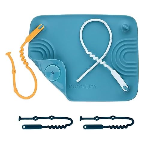 NumNum Silicone Placemat w/Pincer Grasp Grooves for Toddlers, Baby, & Kids - 4 Attachable Tethers & Built-in Suction Cups - Easy to Clean - Non-Slip for High Top & Dining Table w/Travel Bag - Blue Cover