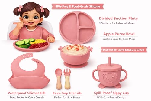 Image of SJC Global Silicone Baby Feeding Set Pink - 6 PCS Plate, Bowl, Spoon, Fork, Bib & Cup | Food‑Grade Silicone Tableware for Babies & Toddlers