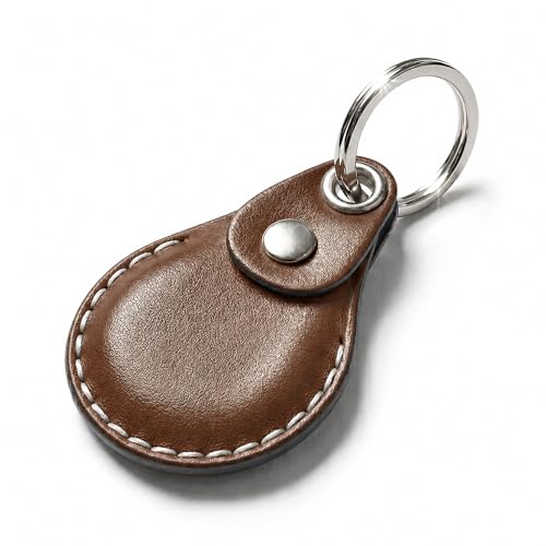 VogDuo Horween Leather Keychain Holder for AirTag - Handmade Full Cover Protective hidden Case Secure Anti-Lost with Metal Keyring and Braided Lanyard for Keys Bags & Luggage (Havana Brown)