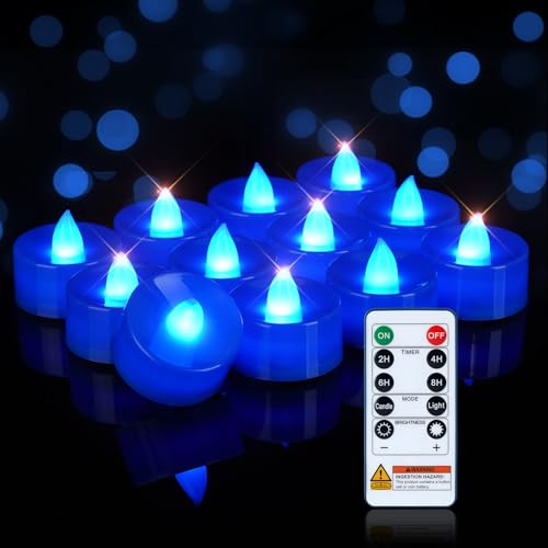 Image of Homemory 12-Pack Navy Blue Remote Flameless Tea Light Candles, 400+ Hrs | 2 /4 /6 /8H Timer LED Battery Flickering Tealight Votives for Wedding Centerpieces, Romantic Nights, Baby Showers and Advent Tea