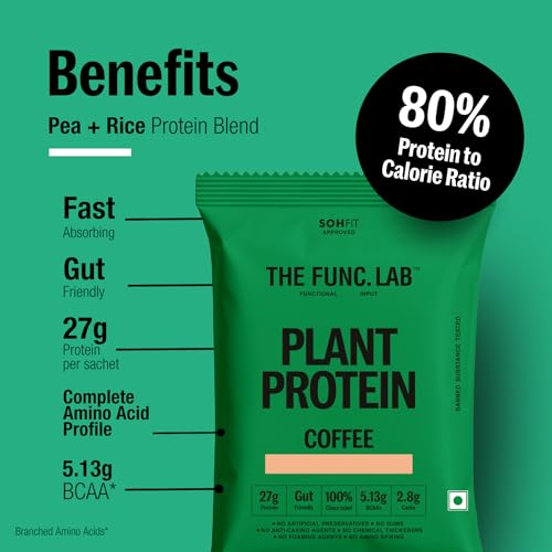 Image of The Func. Lab Plant Protein - Coffee Travel Packs | (4 * 35g Sachets) Pack of 2 | 27g Protein per Scoop | Pea and Rice Blend | Vegan, Sugar‑Free, 100% Clean Label, Gut Friendly, Vegetarian