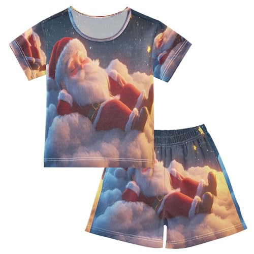ALAZA Santa Claus Star Cloud Christmas Pajamas Set Short Sleeve Cotton Sleepwear Summer Pjs 2 Piece 5-14Y